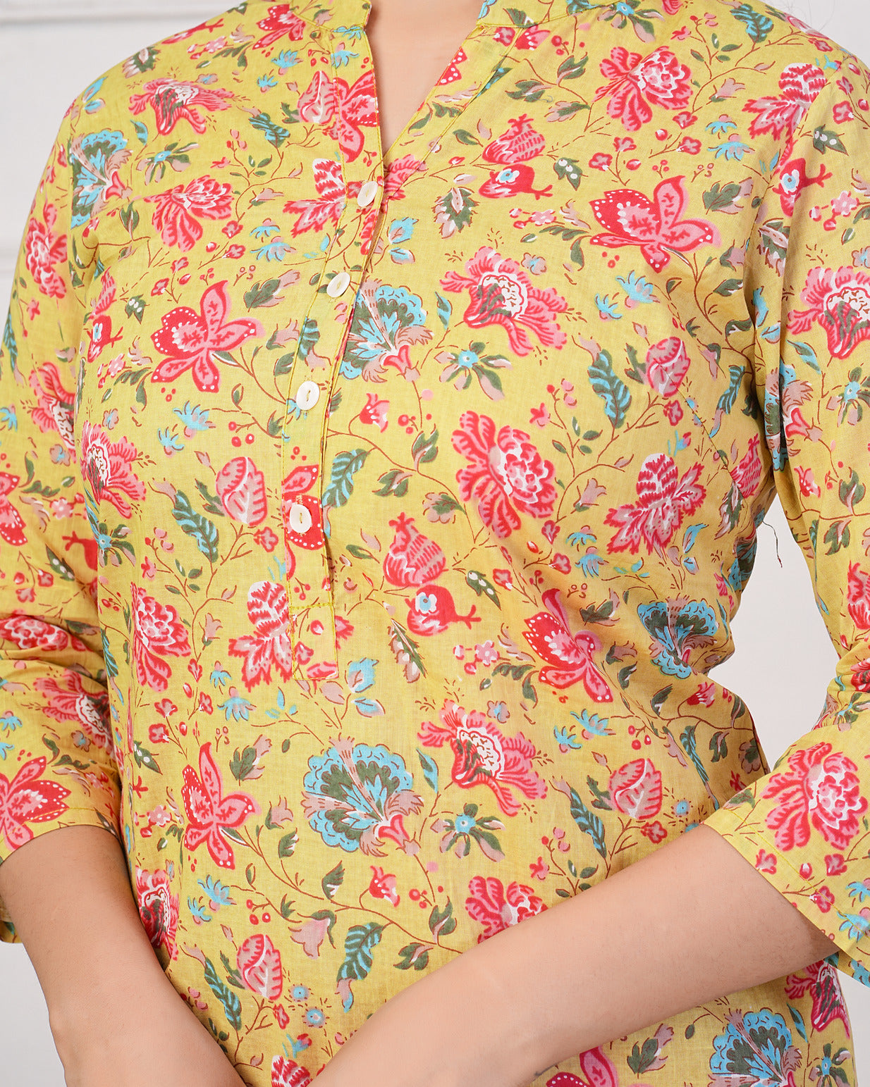 Mustard With Multicolor Floral Short Cotton Kurti