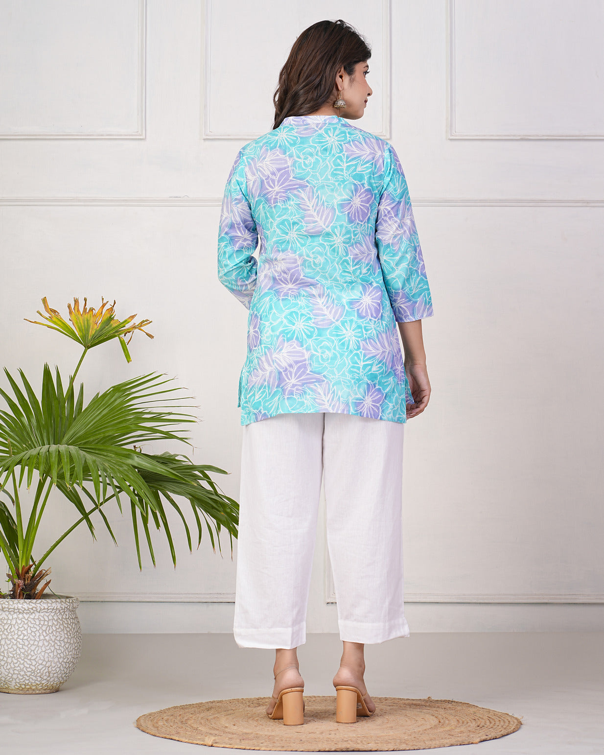 Sky Blue With Purple Floral Short Cotton Kurti