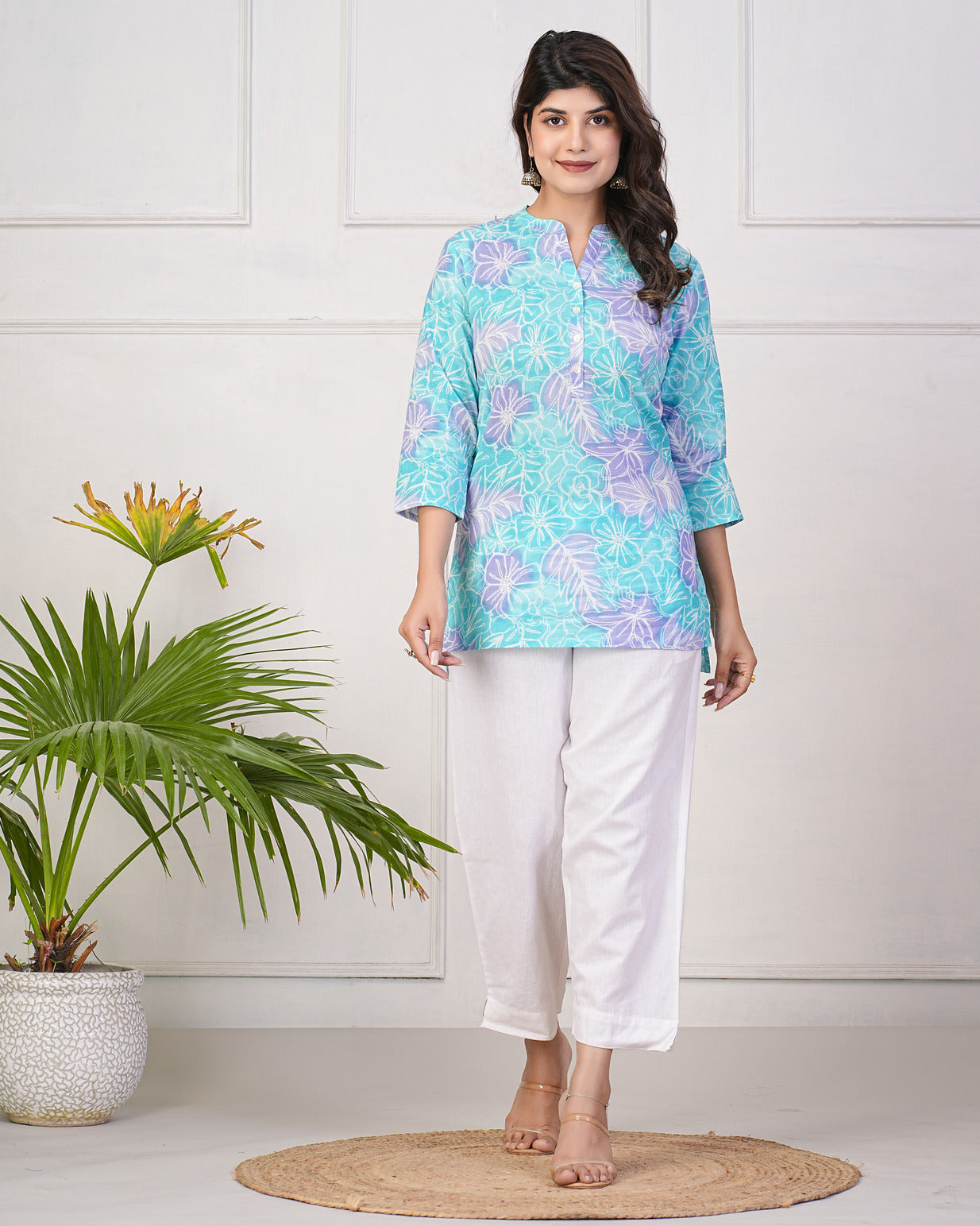 Sky Blue With Purple Floral Short Cotton Kurti