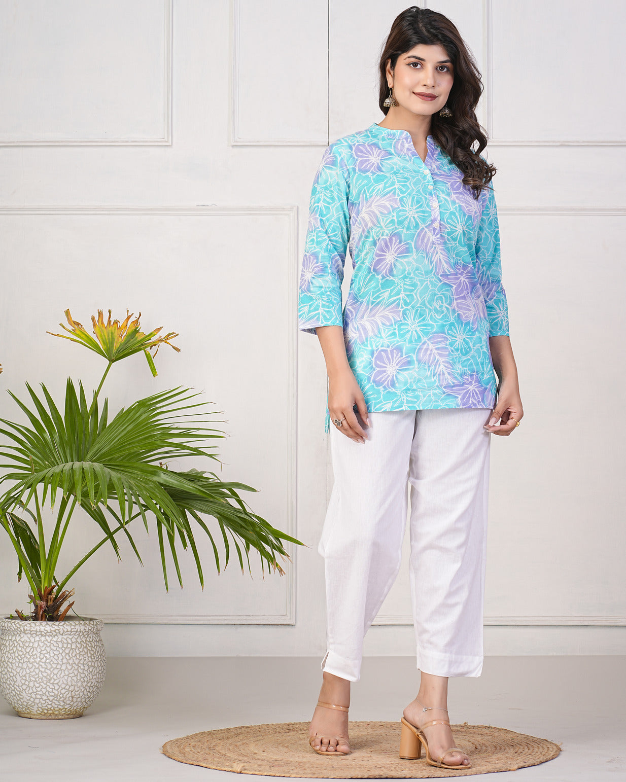Sky Blue With Purple Floral Short Cotton Kurti