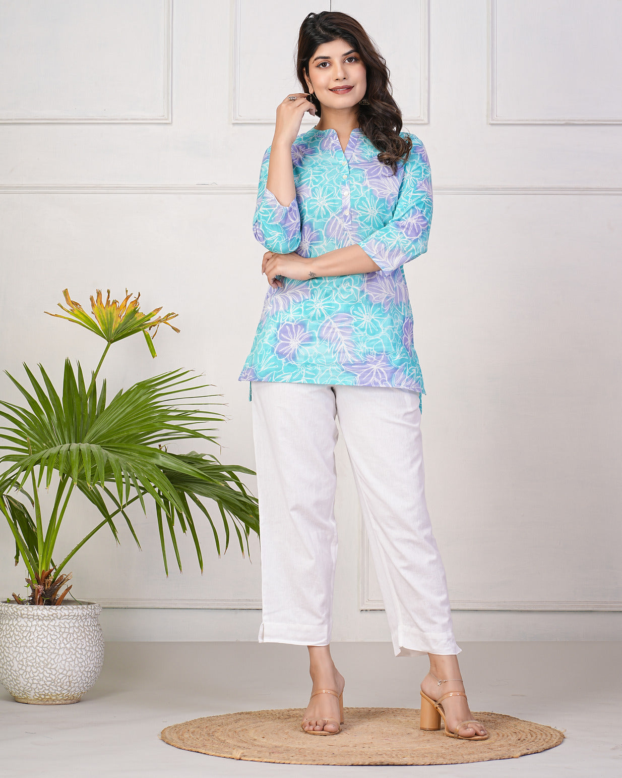 Sky Blue With Purple Floral Short Cotton Kurti