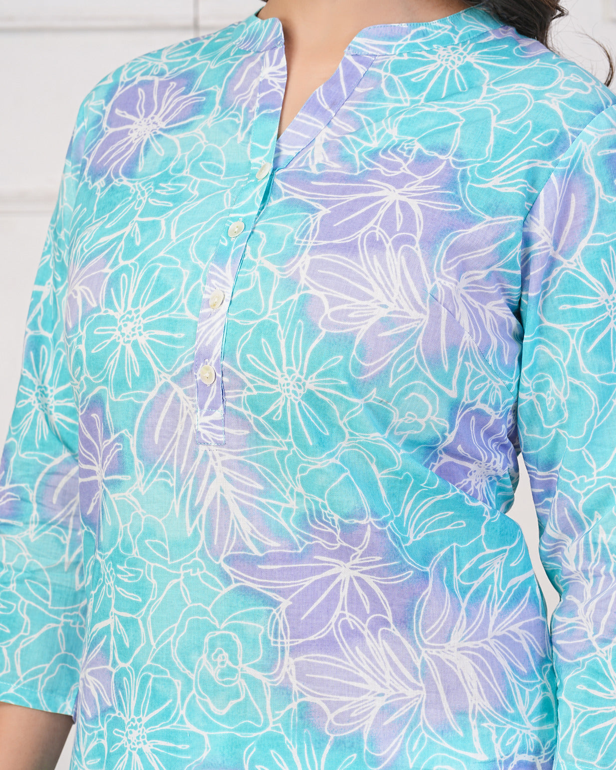 Sky Blue With Purple Floral Short Cotton Kurti