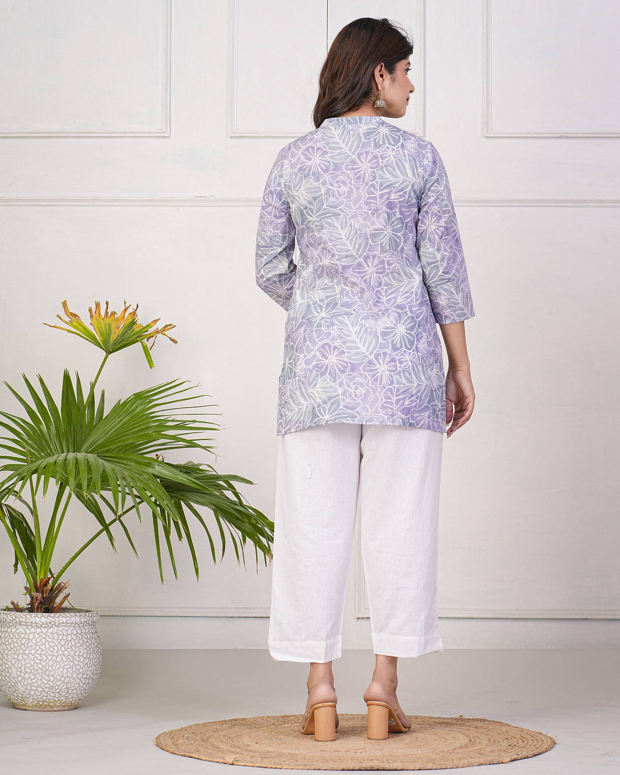 Grey With White Floral Print Short Cotton Kurti