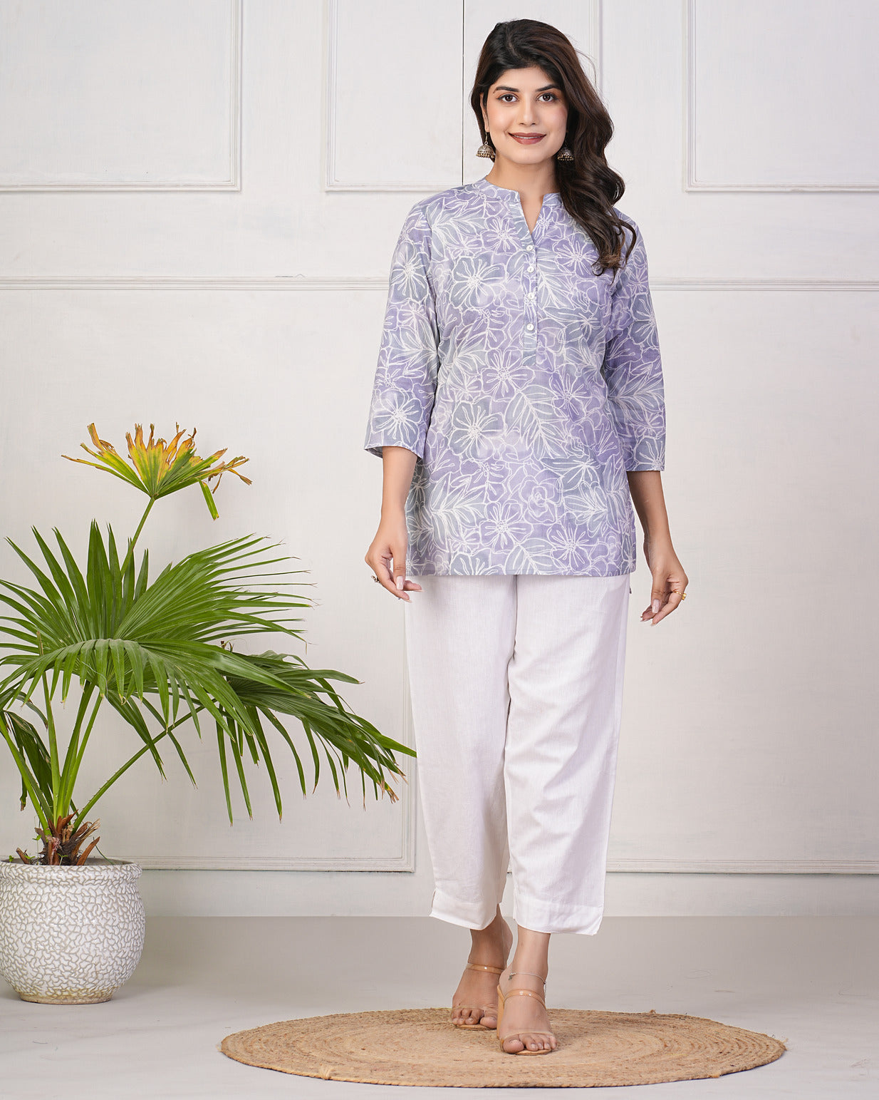 Grey With White Floral Print Short Cotton Kurti