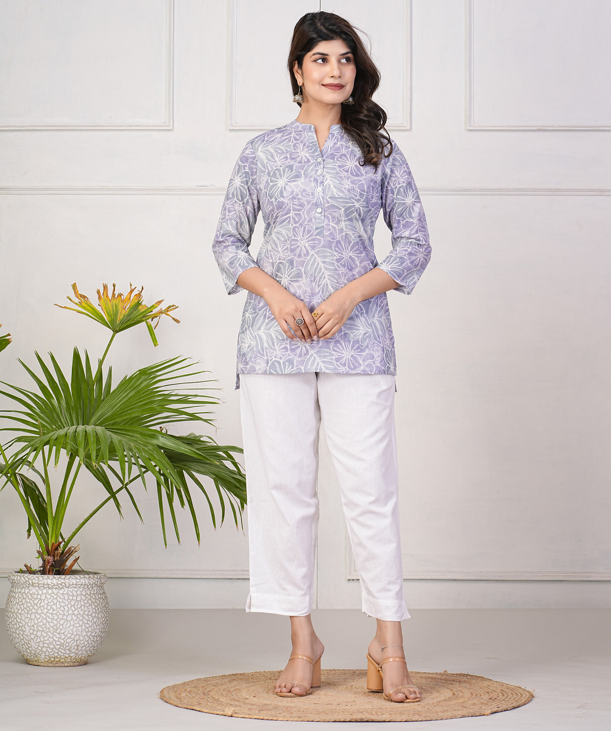 Grey With White Floral Print Short Cotton Kurti