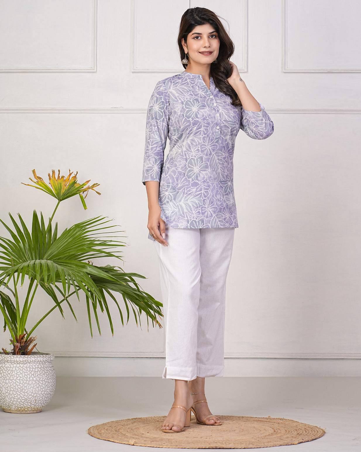 Grey With White Floral Print Short Cotton Kurti
