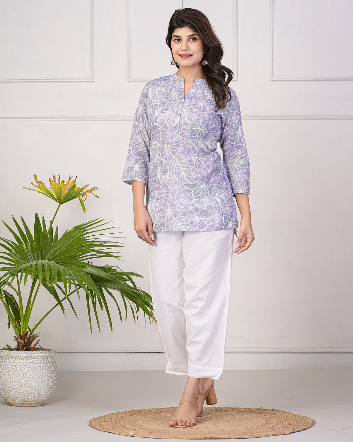 Grey With White Floral Print Short Cotton Kurti