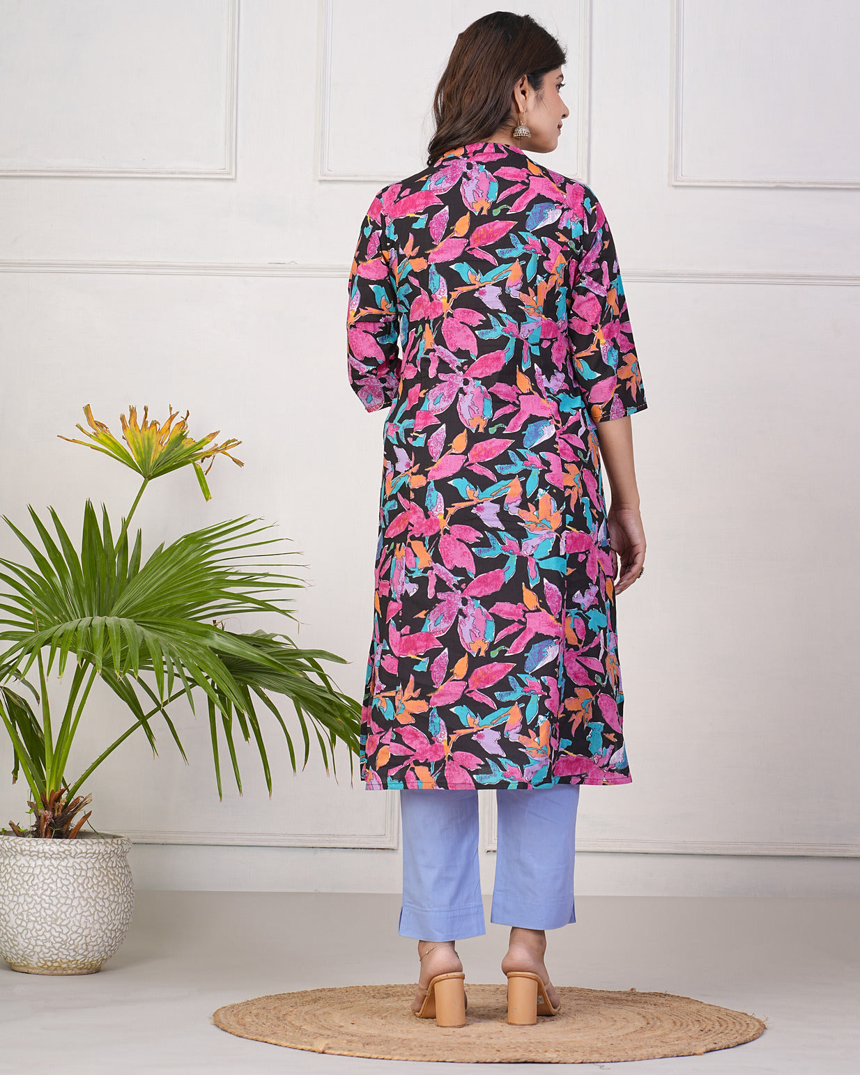 Black With Floral Printed Cotton Kurti