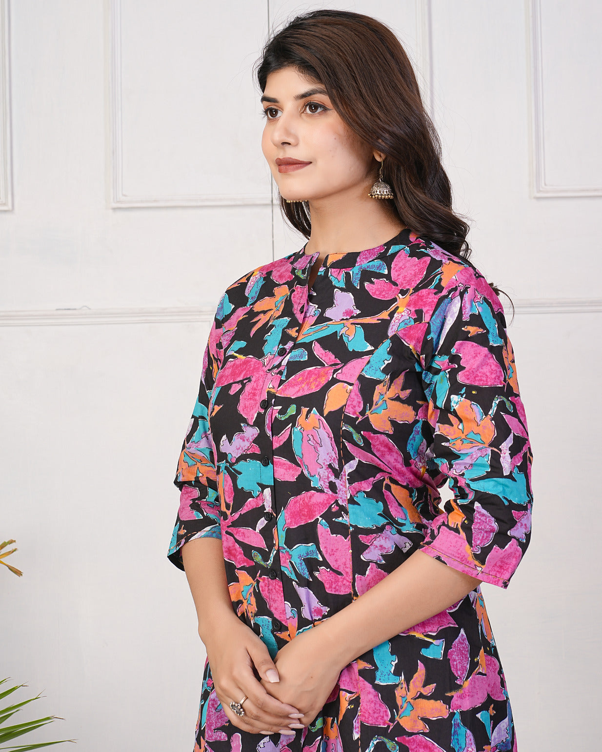 Black With Floral Printed Cotton Kurti