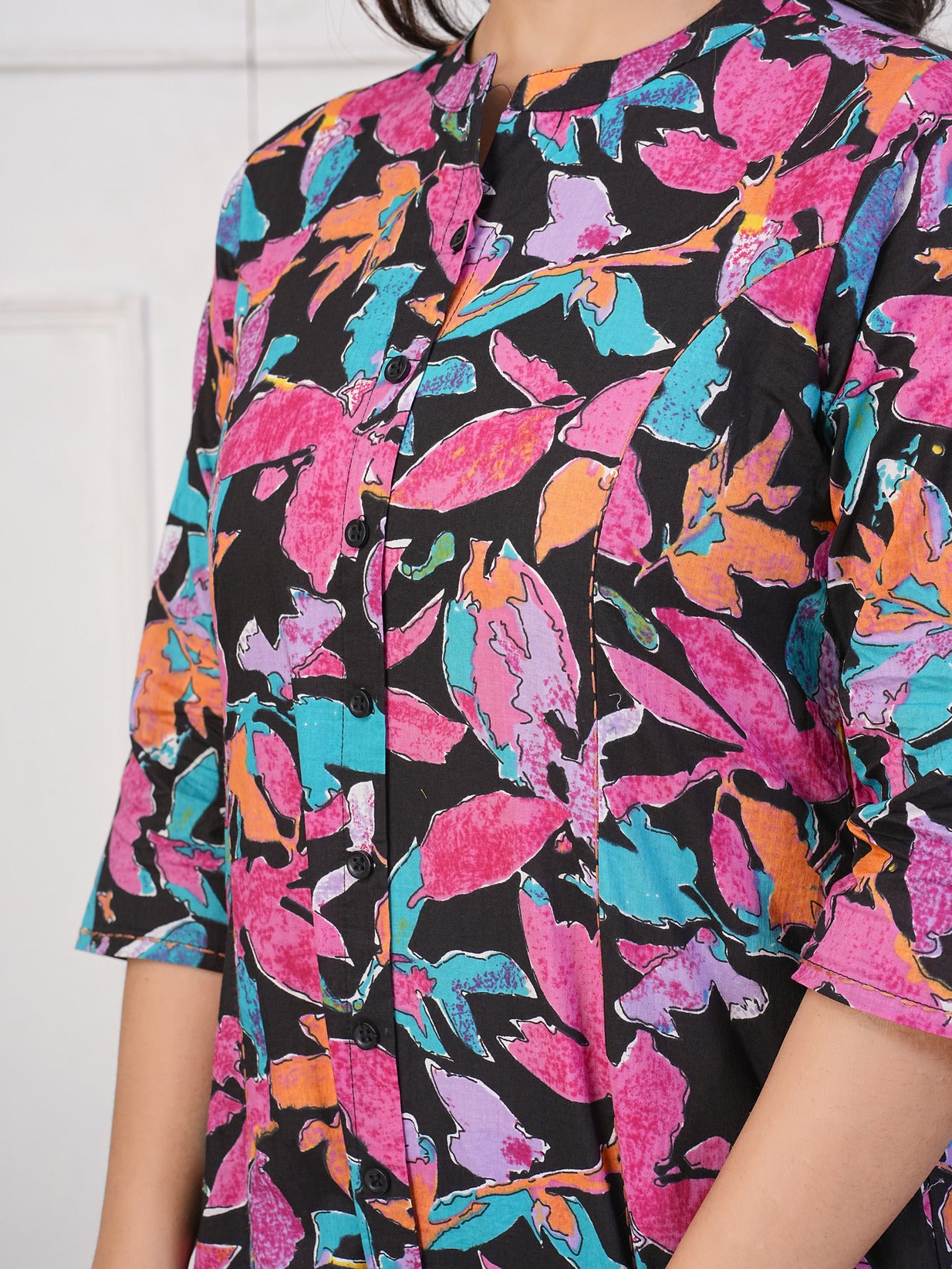 Black With Floral Printed Cotton Kurti