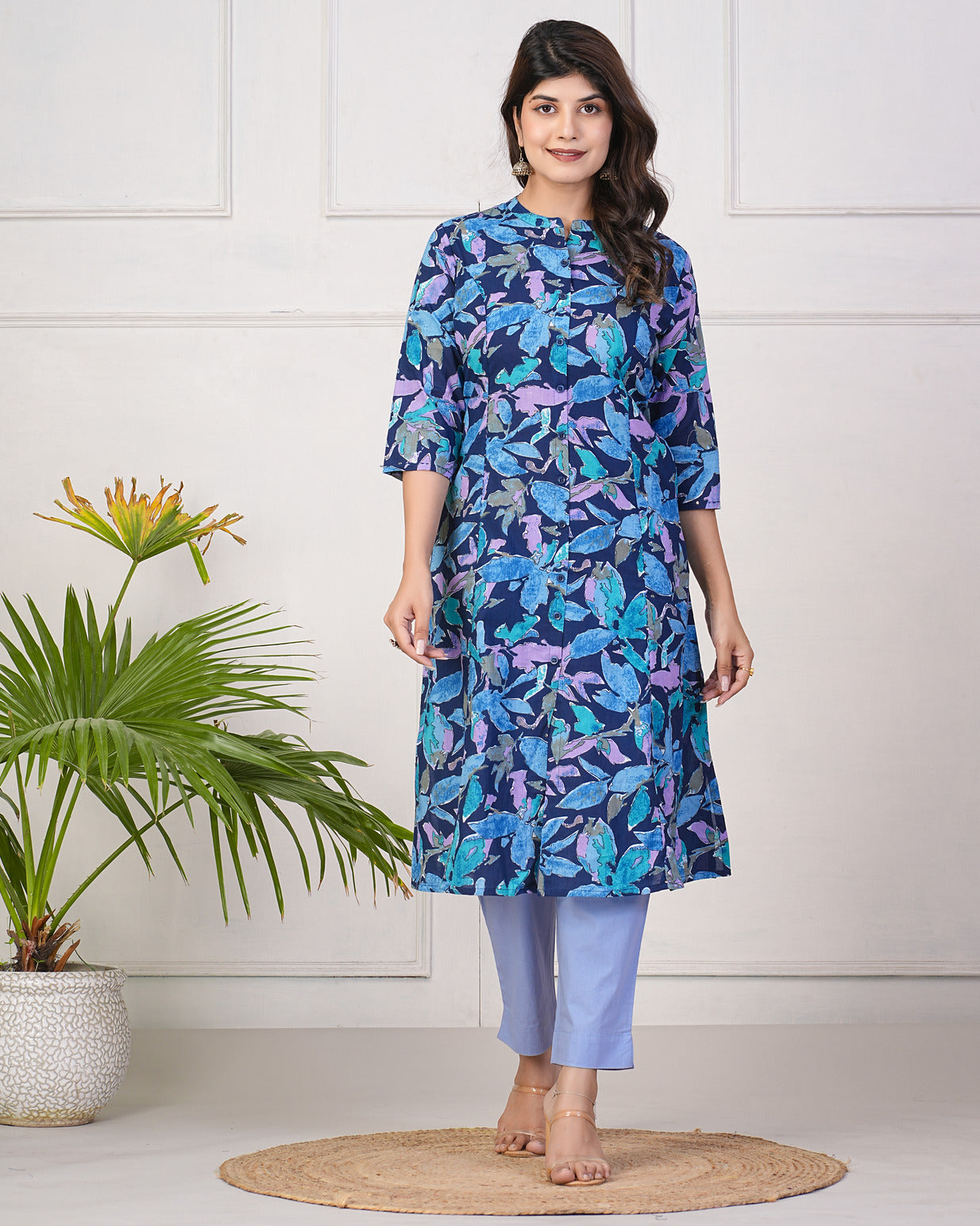 Navy Blue With Floral Printed Cotton Kurti