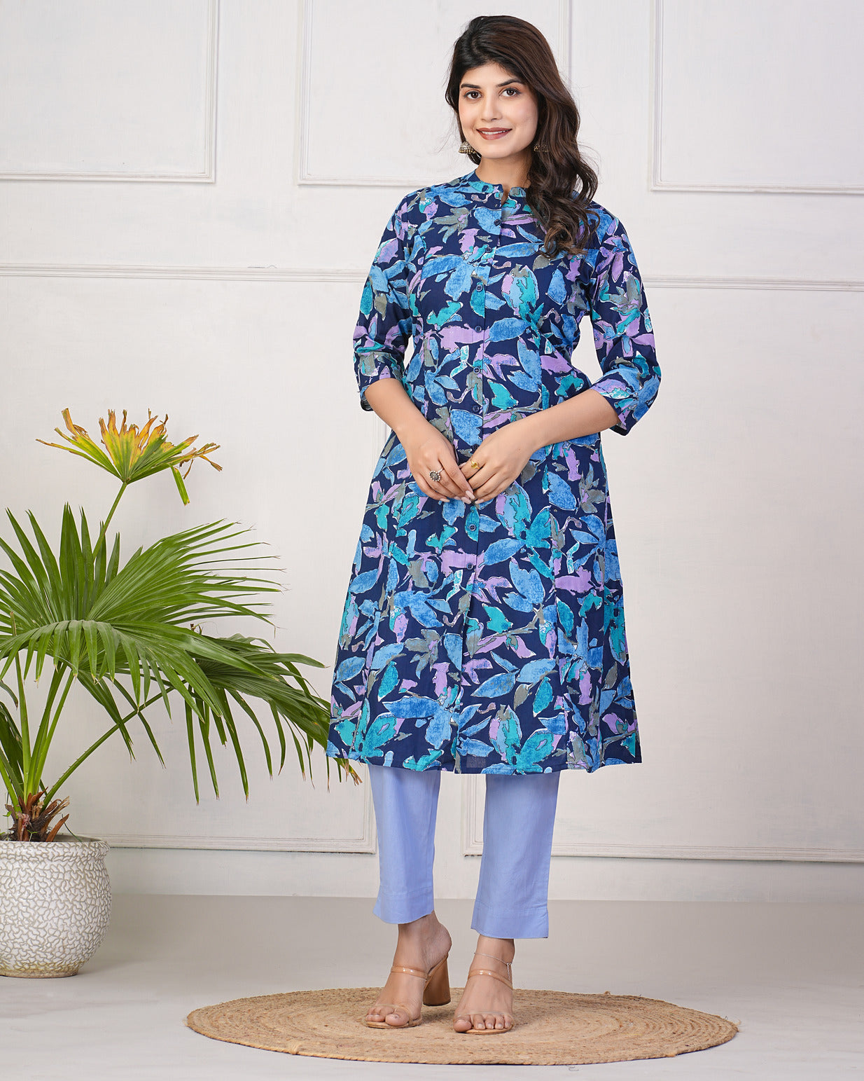 Navy Blue With Floral Printed Cotton Kurti