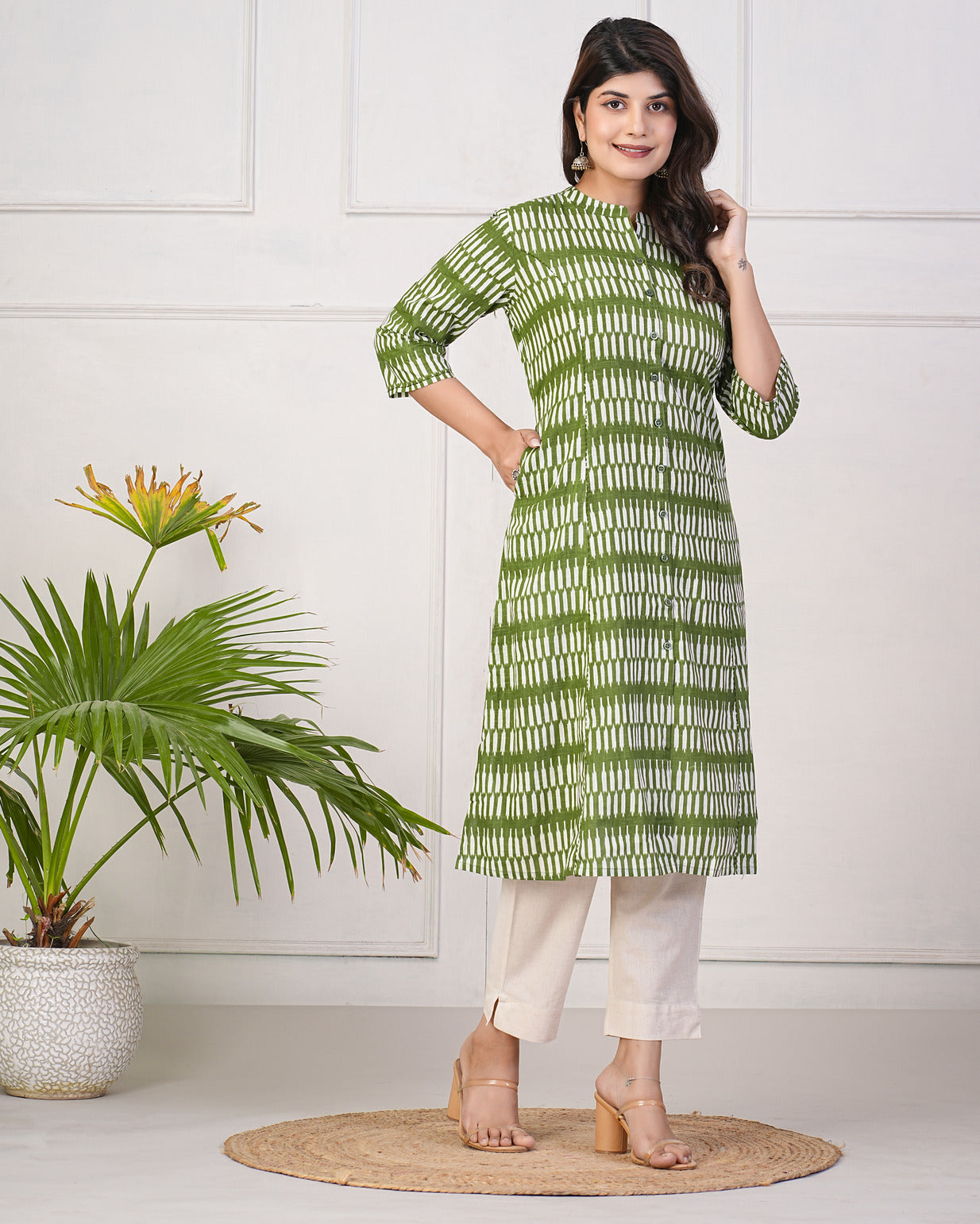 Green Temple Pattern Cotton Printed Kurti