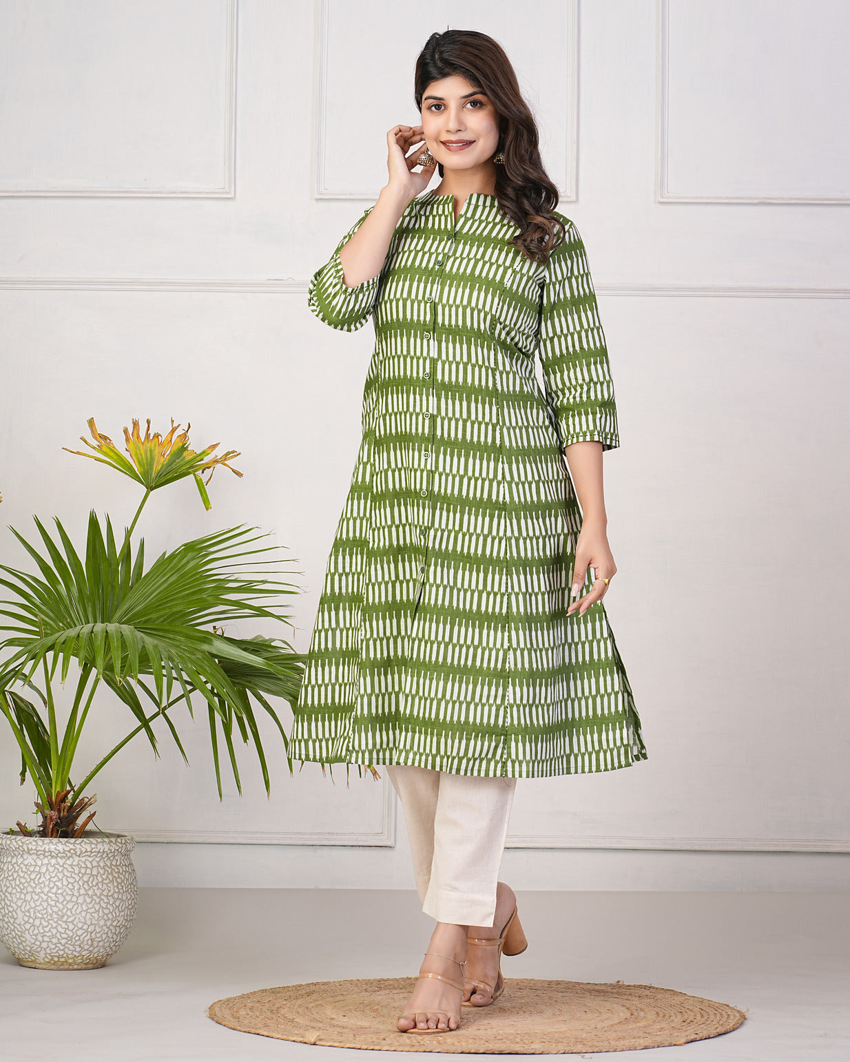 Green Temple Pattern Cotton Printed Kurti