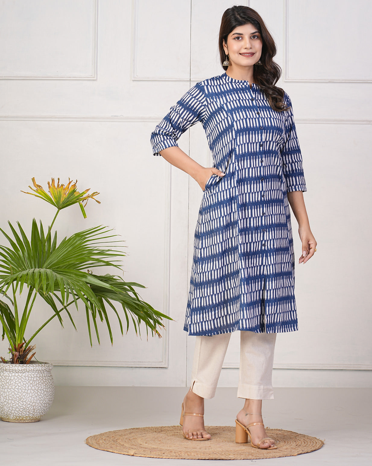 Blue Temple Pattern Cotton Printed Kurti