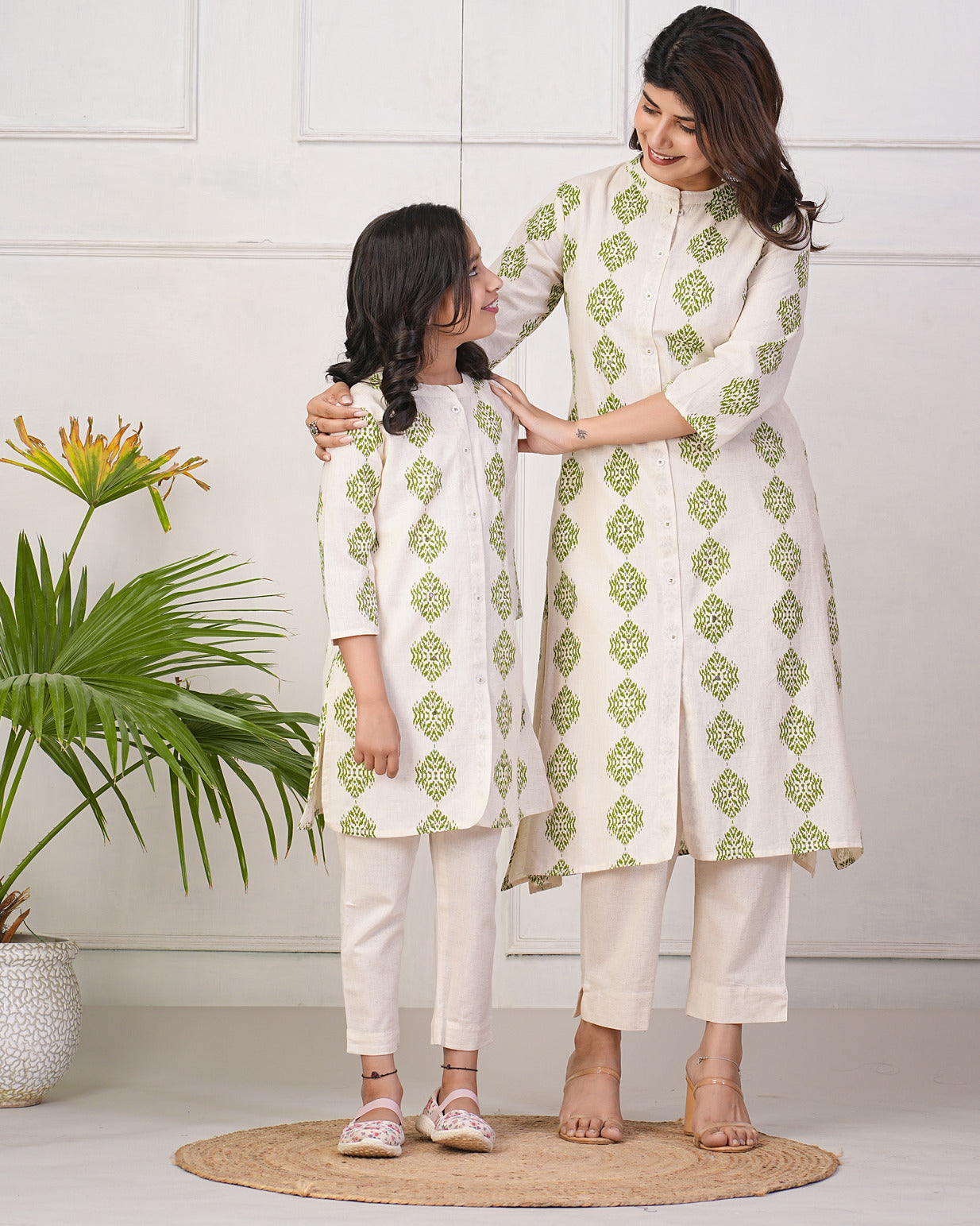 Off-White With Green Block Printed Cotton Kurti