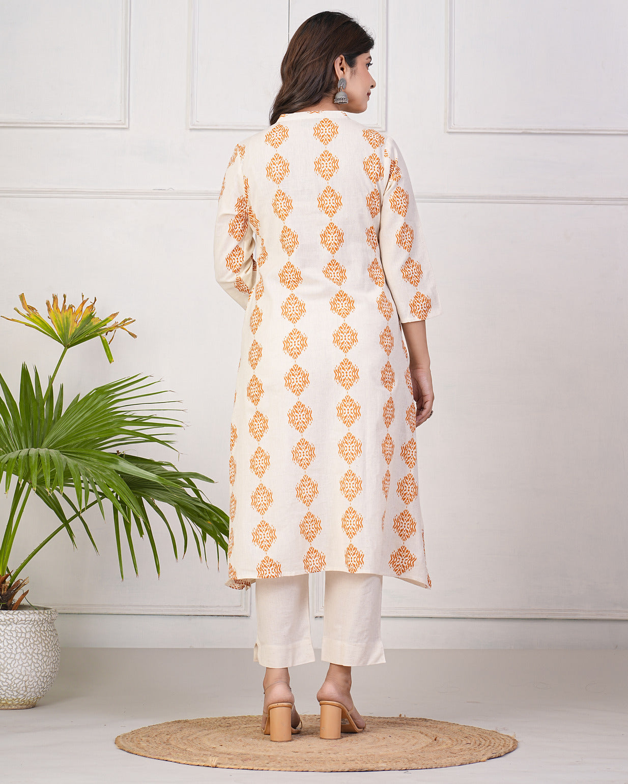 Off-White With Orange Block Printed Cotton Kurti