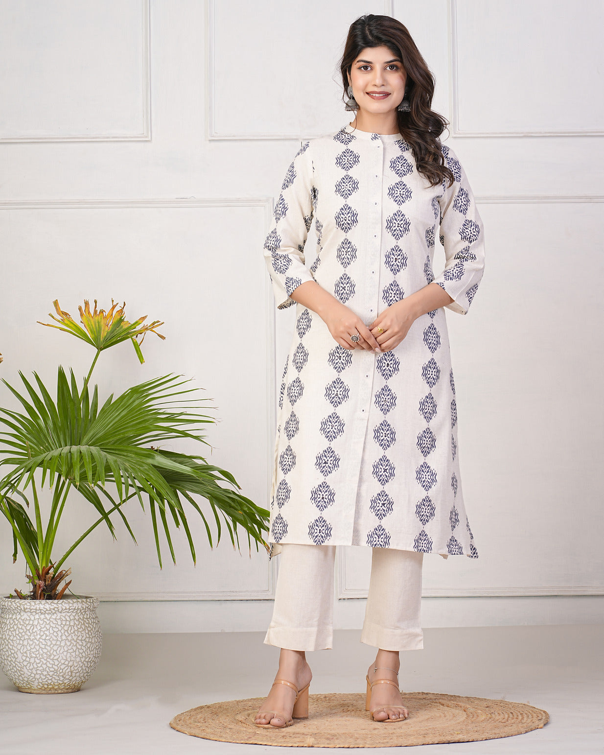 Off-White With Blue Printed Cotton Kurti