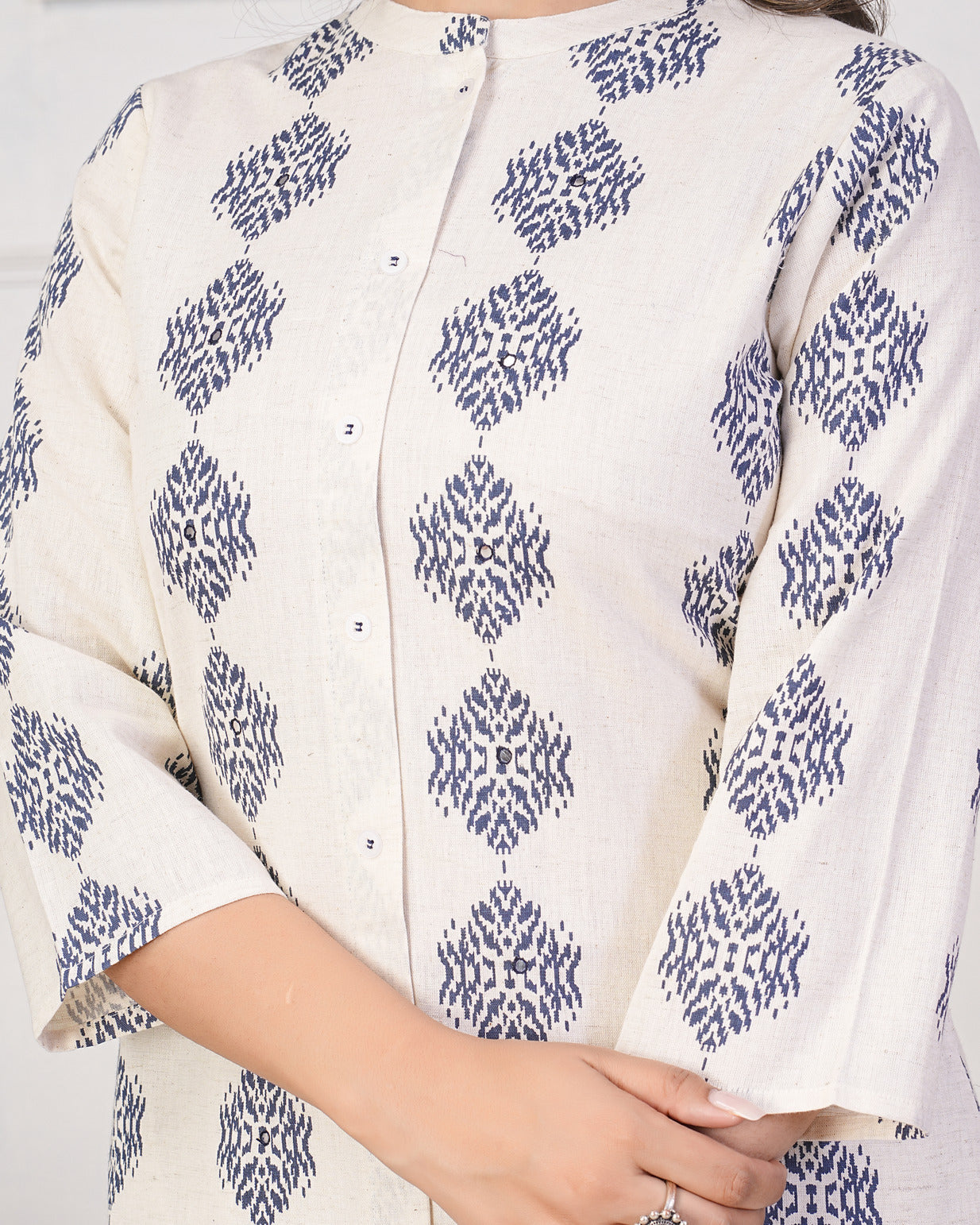 Off-White With Blue Printed Cotton Kurti
