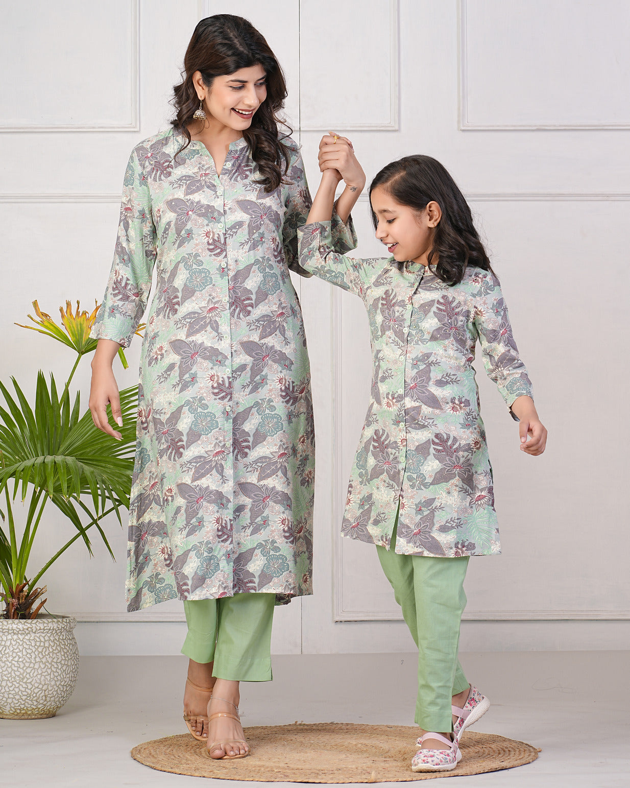 Green With Leafy Printed Rayon Kurti