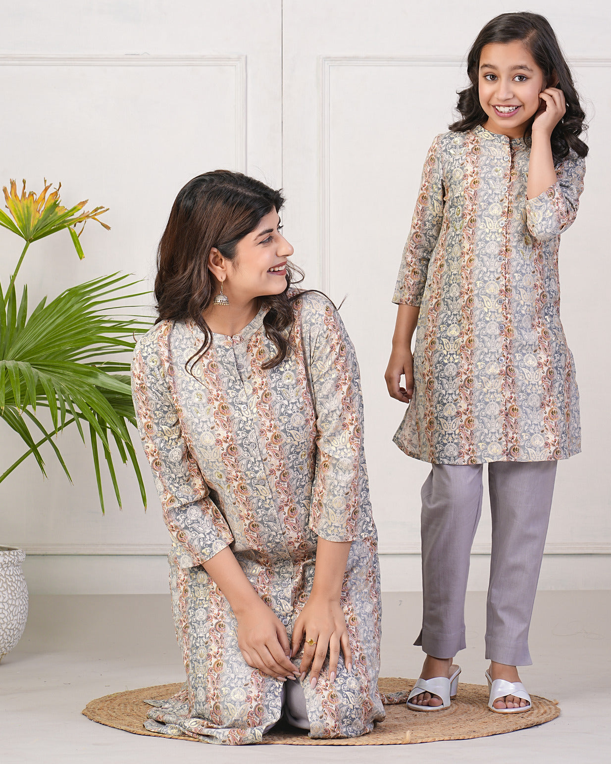 Grey With Gold Printed Queen Cut Muslin Kurti