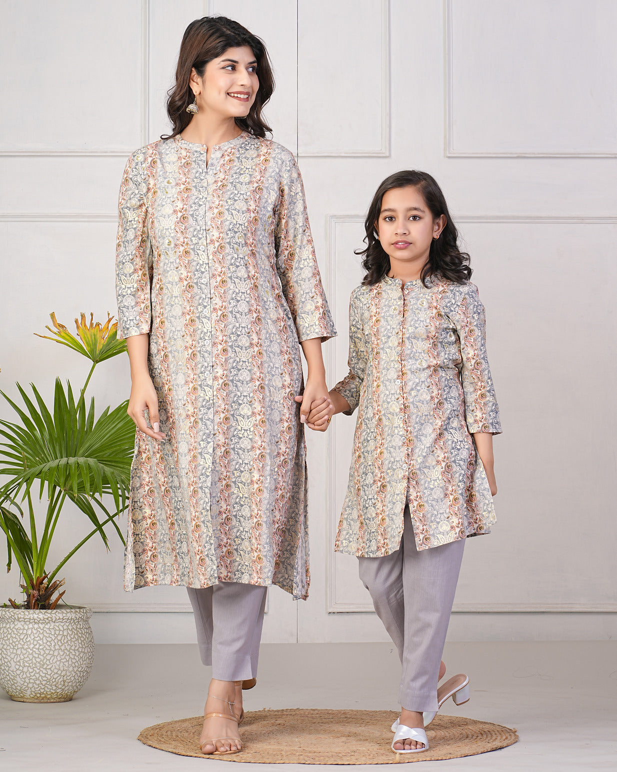 Grey With Gold Printed Queen Cut Muslin Kurti