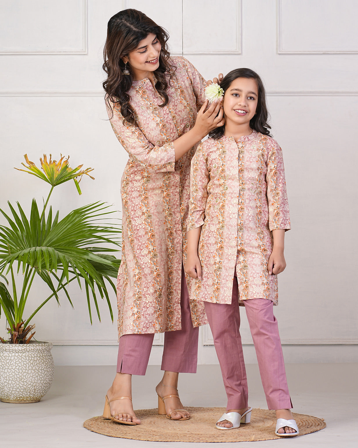 Peach With Gold Printed Queen Cut Muslin Kurti