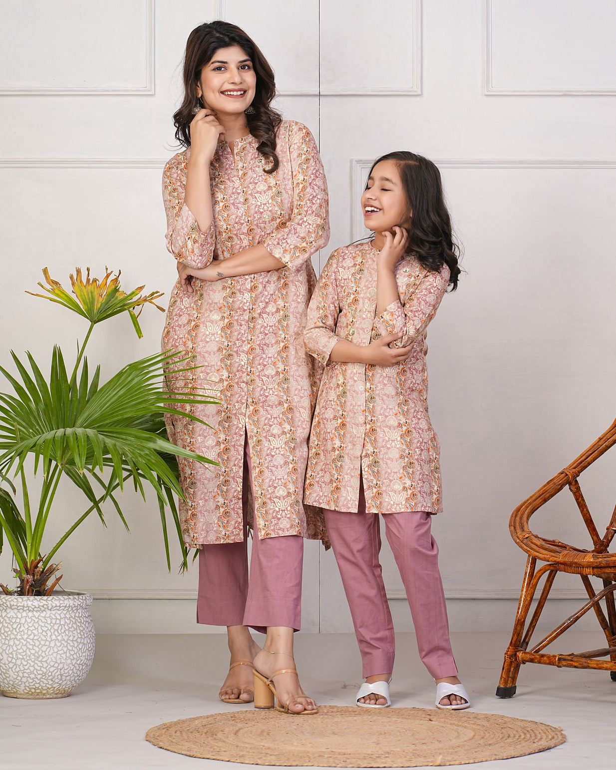 Peach With Gold Printed Queen Cut Muslin Kurti