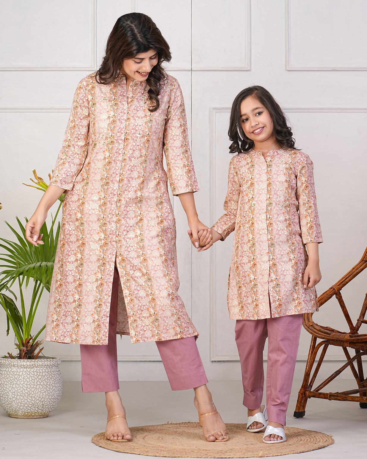 Peach With Gold Printed Queen Cut Muslin Kurti