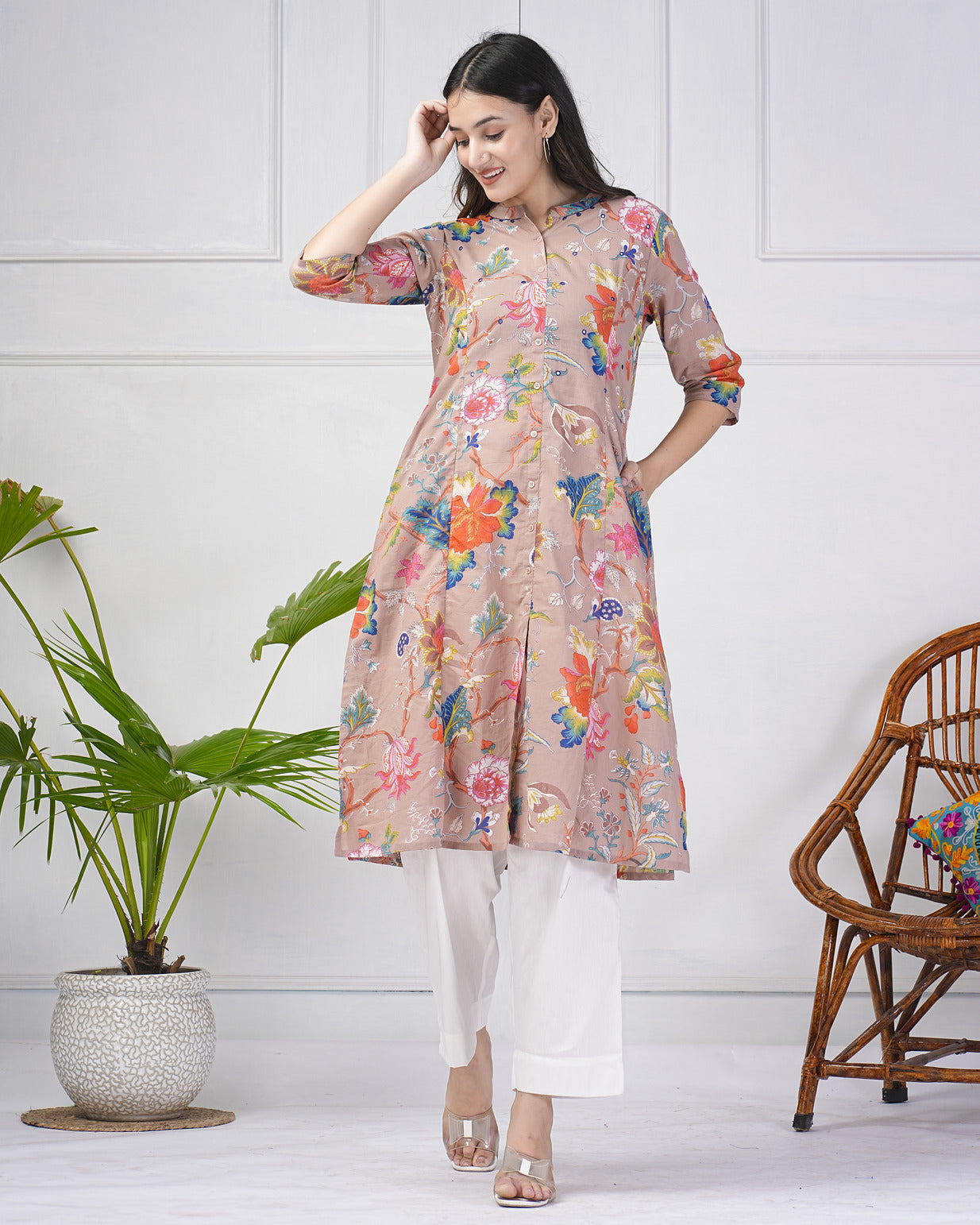 Mauve Printed With Threadwork Neckline Cotton Kurti