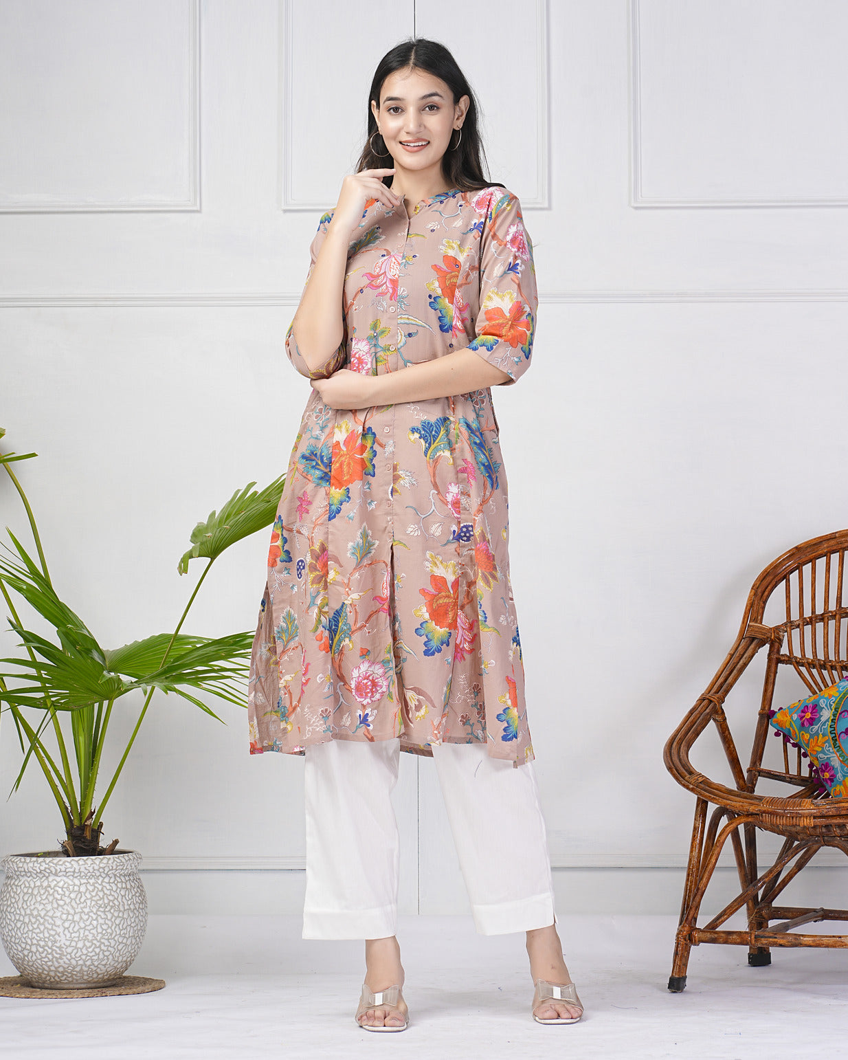 Mauve Printed With Threadwork Neckline Cotton Kurti