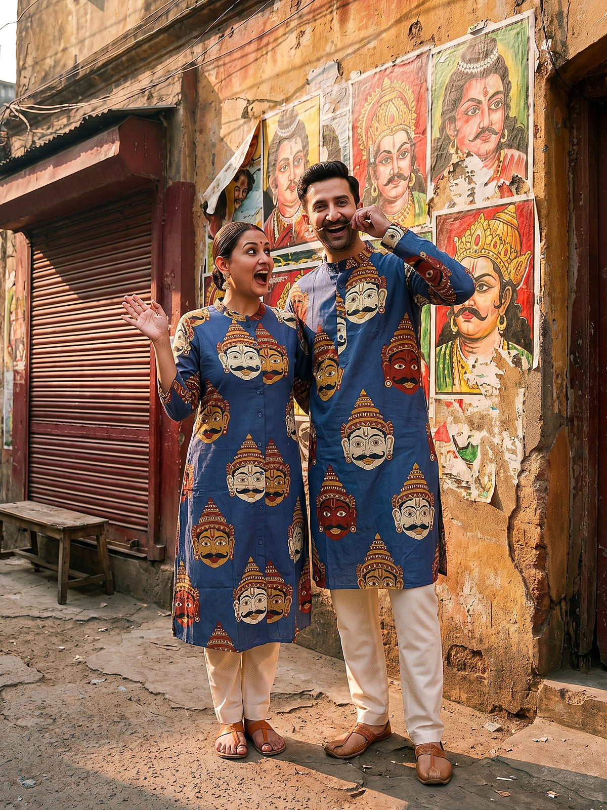 Mask Print Jodi couple kurta set front