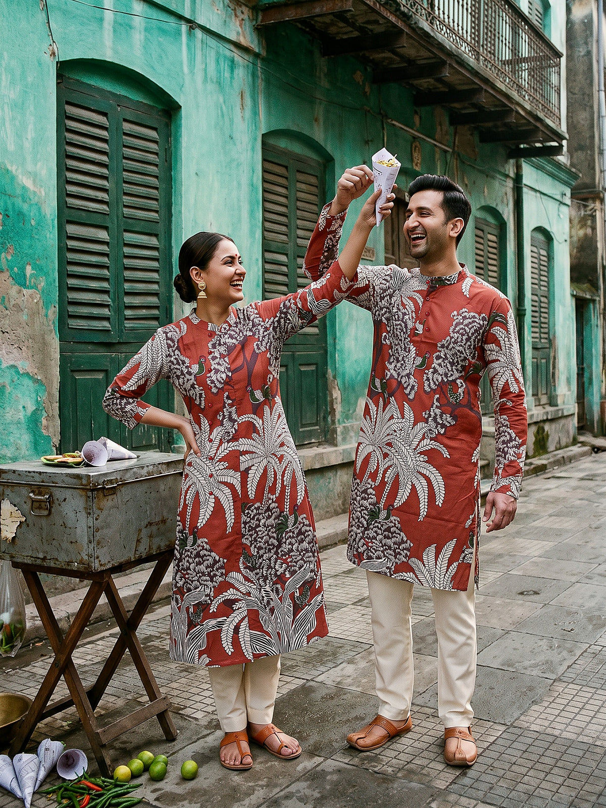 Red Jungle Jodi couple kurta set front