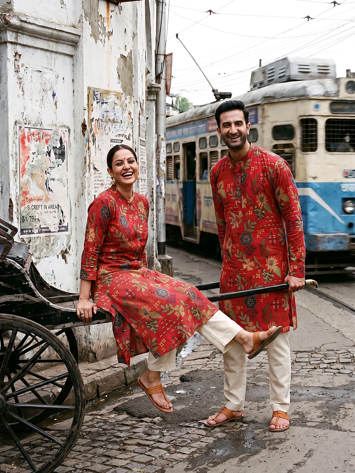 Red Tropical Jodi couple kurta set front
