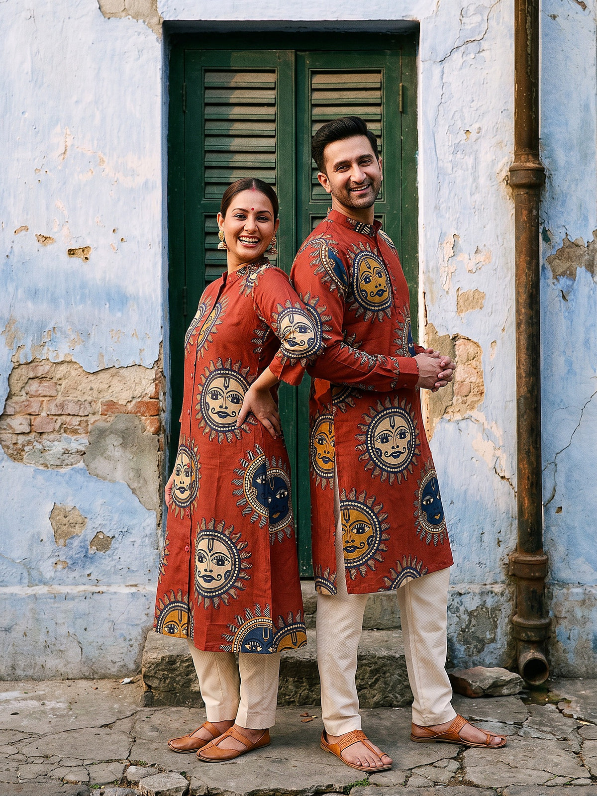 Sun Face Rust Jodi couple kurta set front