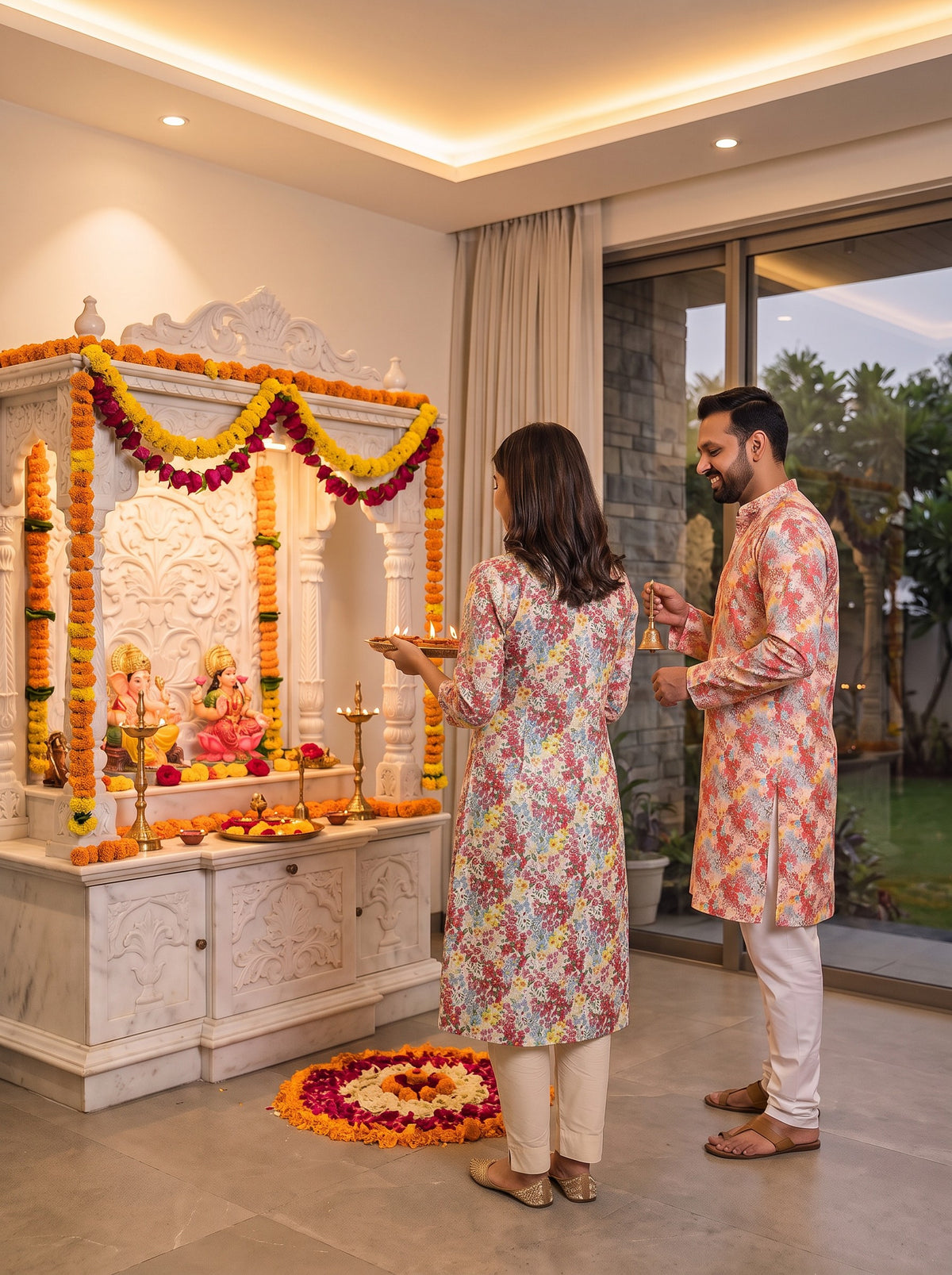 Cream Ditsy Floral Jodi couple at puja