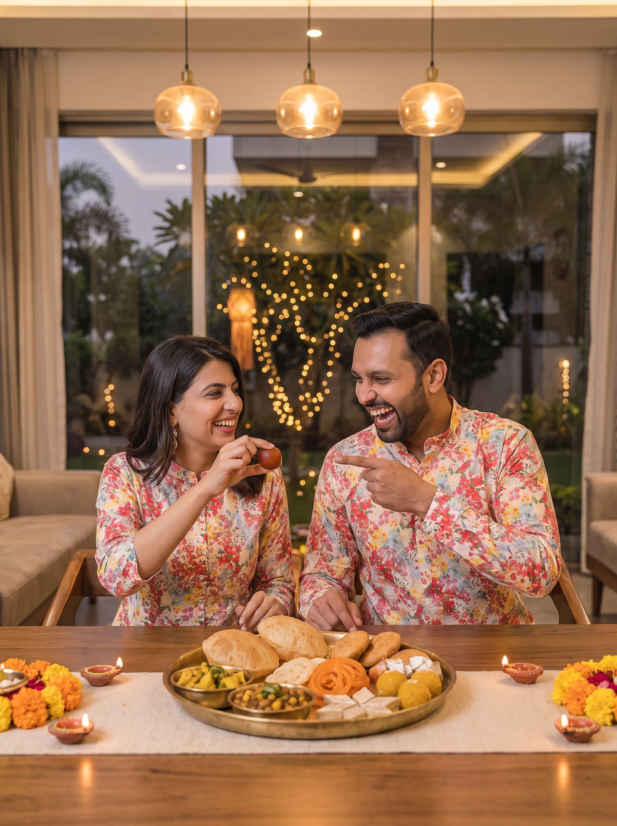 Cream Ditsy Floral Jodi couple sharing thali