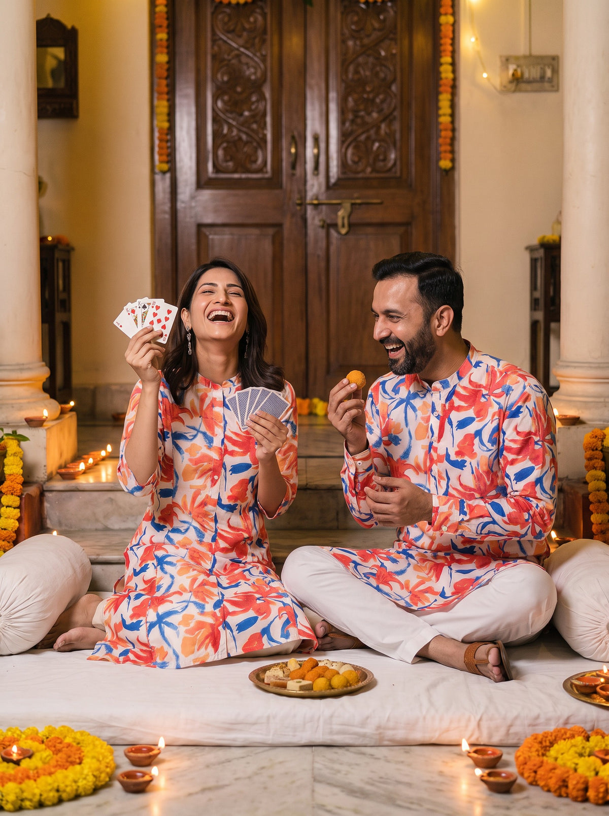 White Lily Floral Jodi couple with mithai