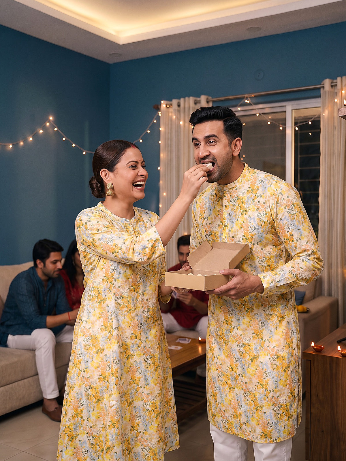 Yellow Watercolour Floral Jodi couple having fun
