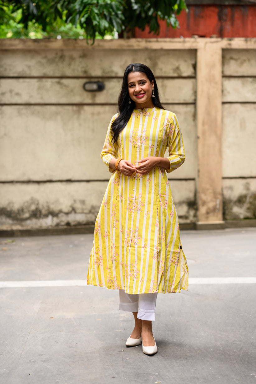 Yellow And White Striped Printed Cotton Kurta