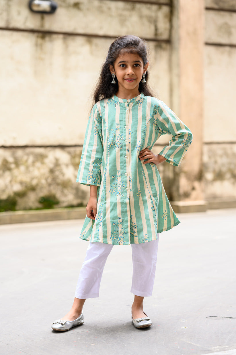 Light Green And White Striped Floral Printed Cotton Kurta