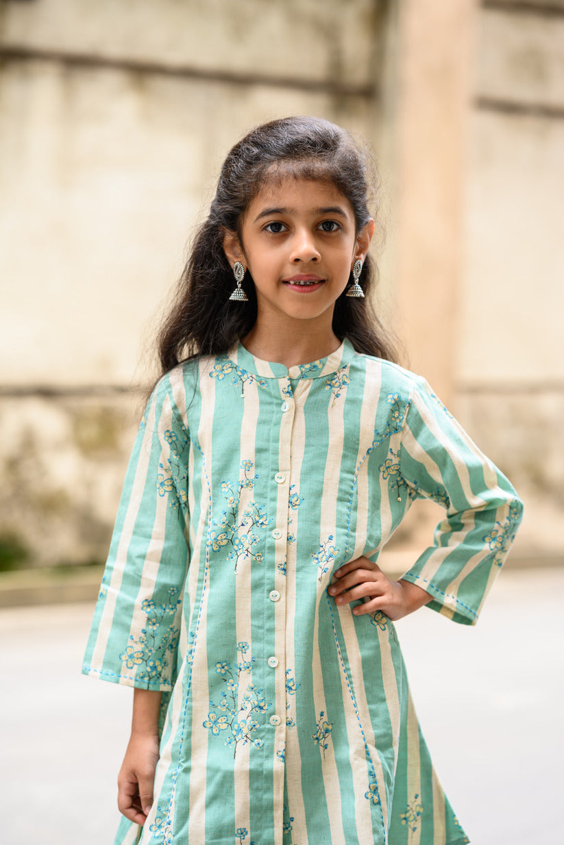 Light Green And White Striped Floral Printed Cotton Girl's Kurti