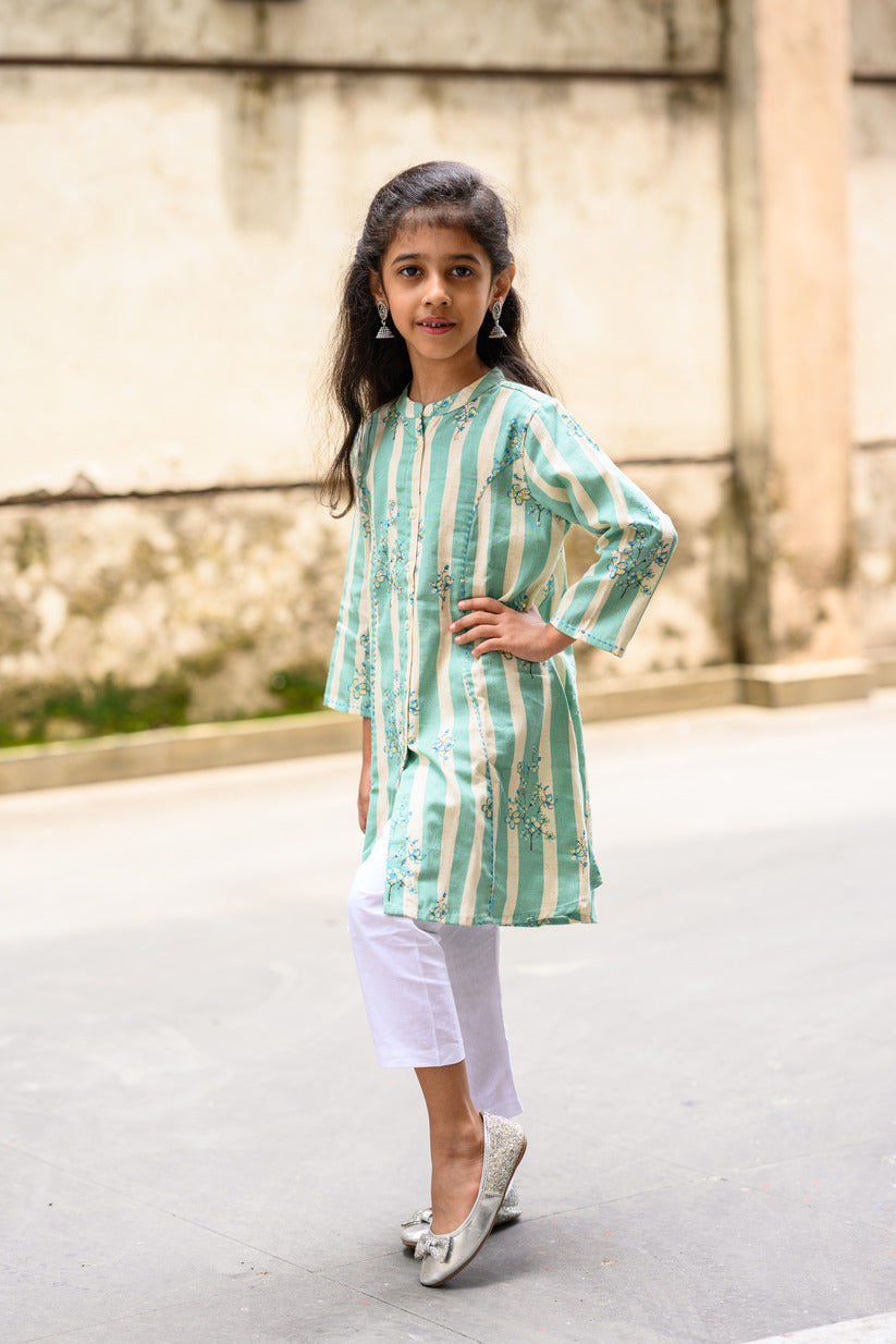 Light Green And White Striped Floral Printed Cotton Girl's Kurta