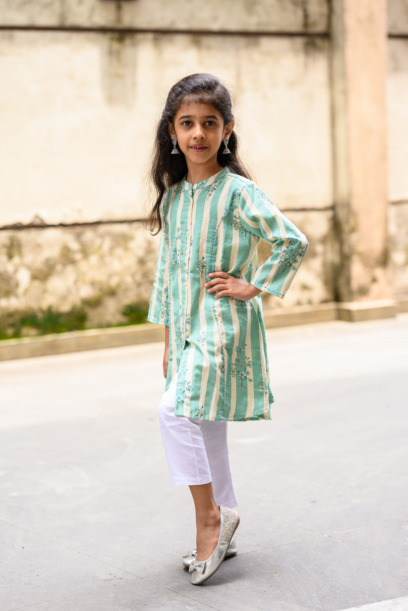 Light Green And White Striped Floral Printed Cotton Girl's Kurti