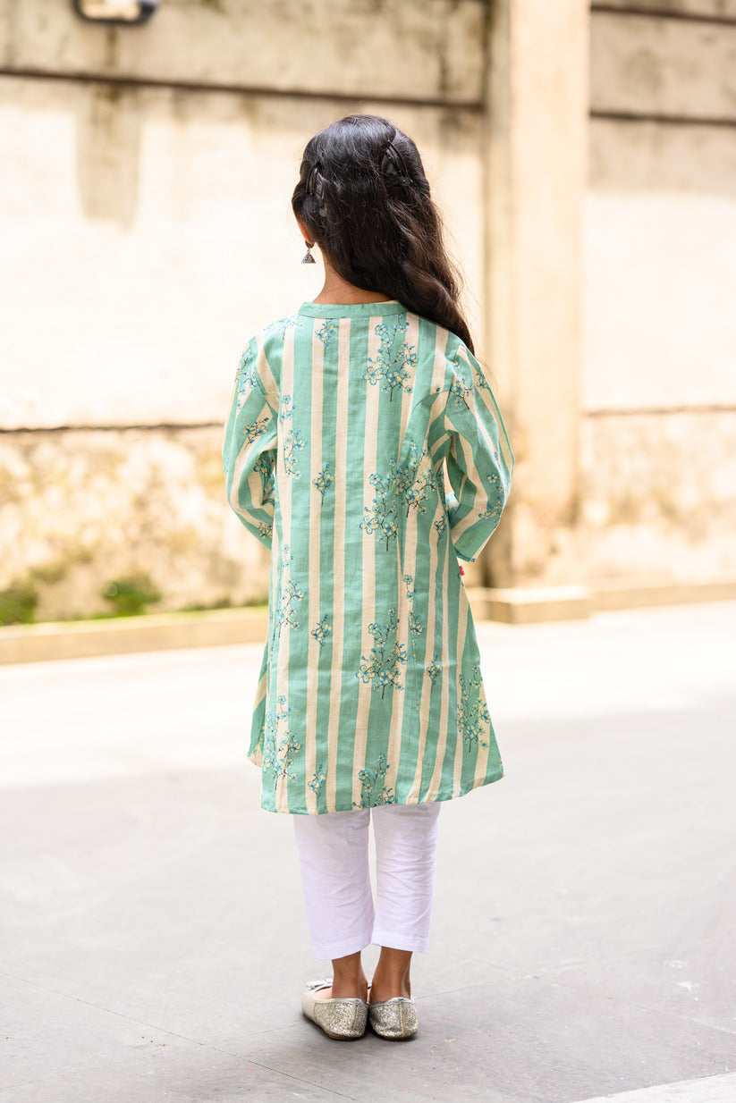 Light Green And White Striped Floral Printed Cotton Girl's Kurta