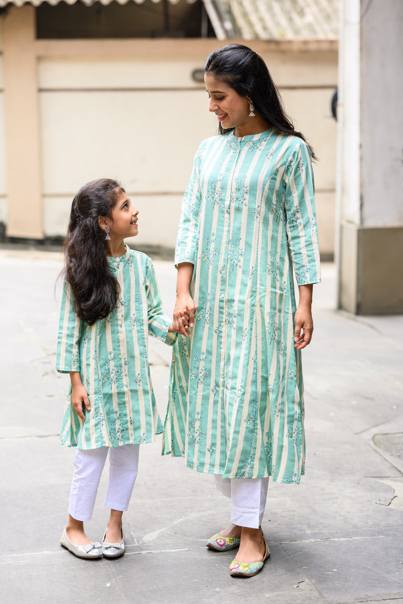 Light Green And White Striped Floral Printed Cotton Kurta