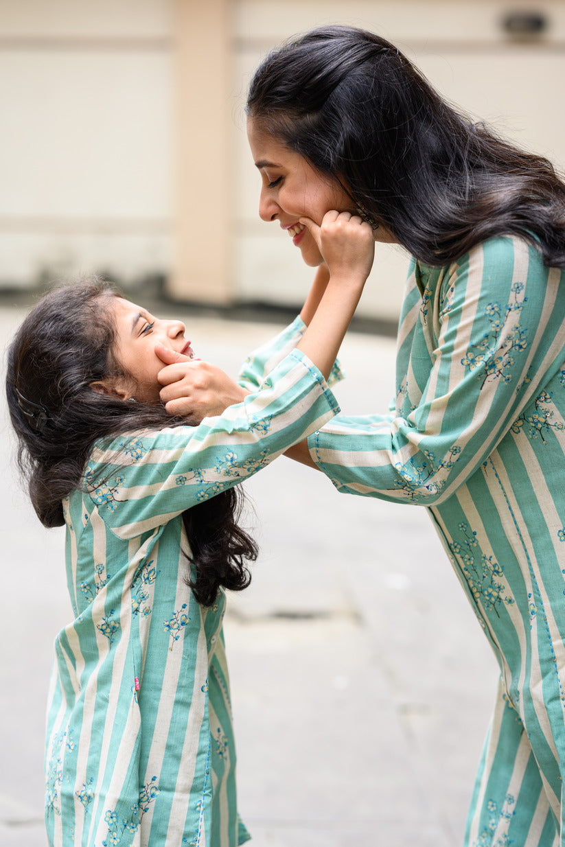 Light Green And White Striped Floral Printed Cotton Kurta