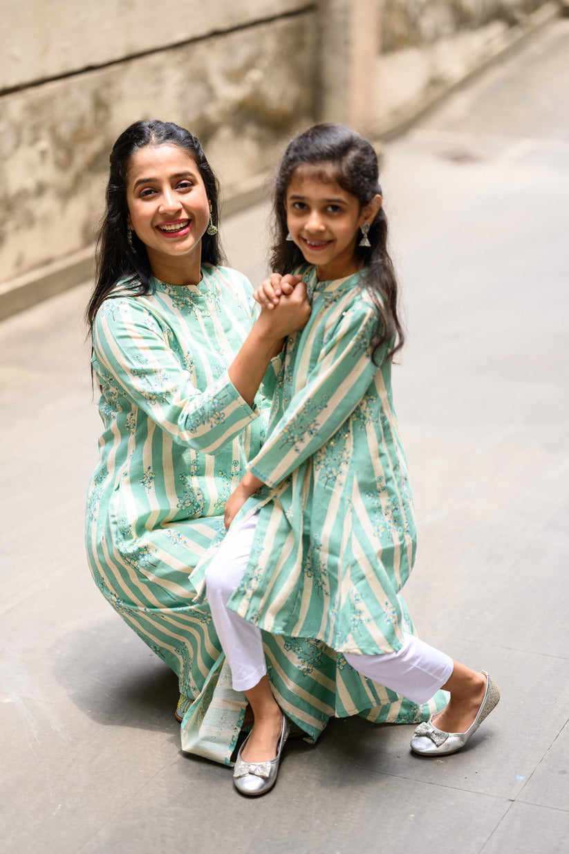 Light Green And White Striped Floral Printed Cotton Kurta