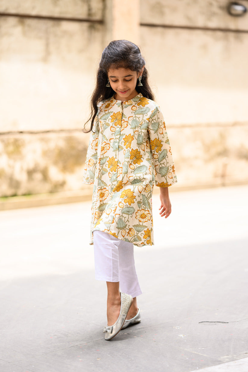 Blue And Yellow Floral Embellished Cotton Girl's Kurti