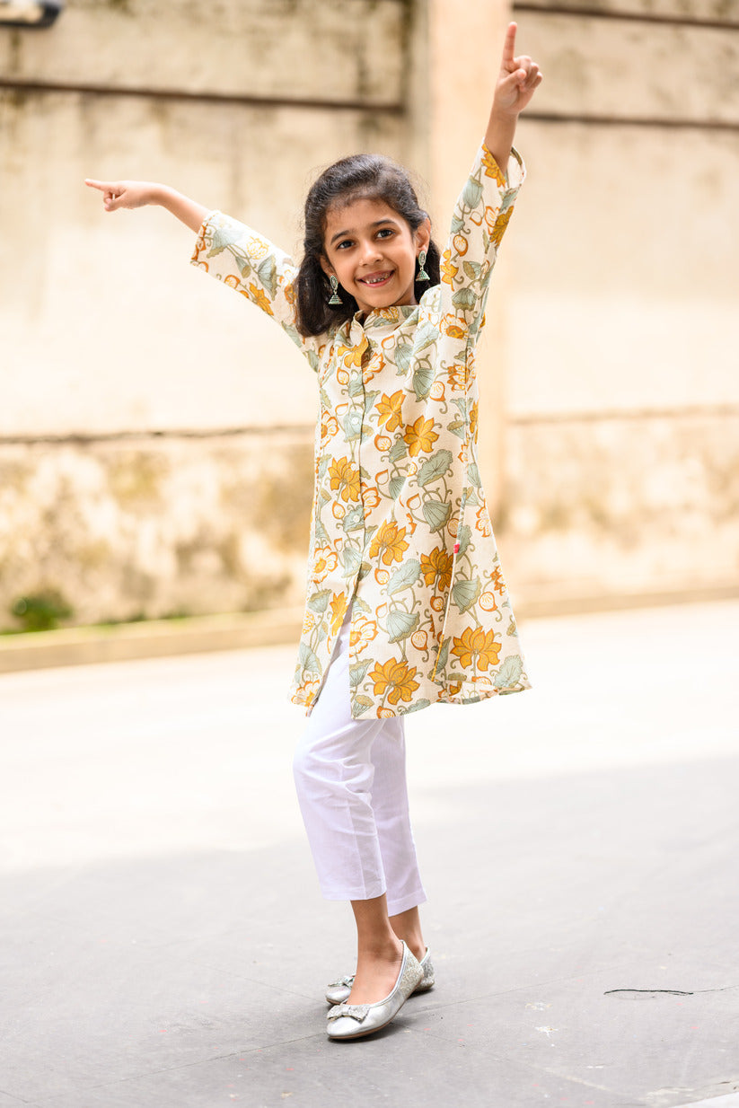 Blue And Yellow Floral Embellished Cotton Girl's Kurta